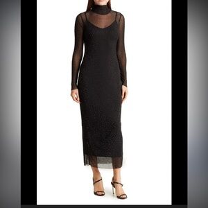 AFRM MARNI Black Rhinestone Long Sleeve Mesh Midi Dress. Size M. Retail $120